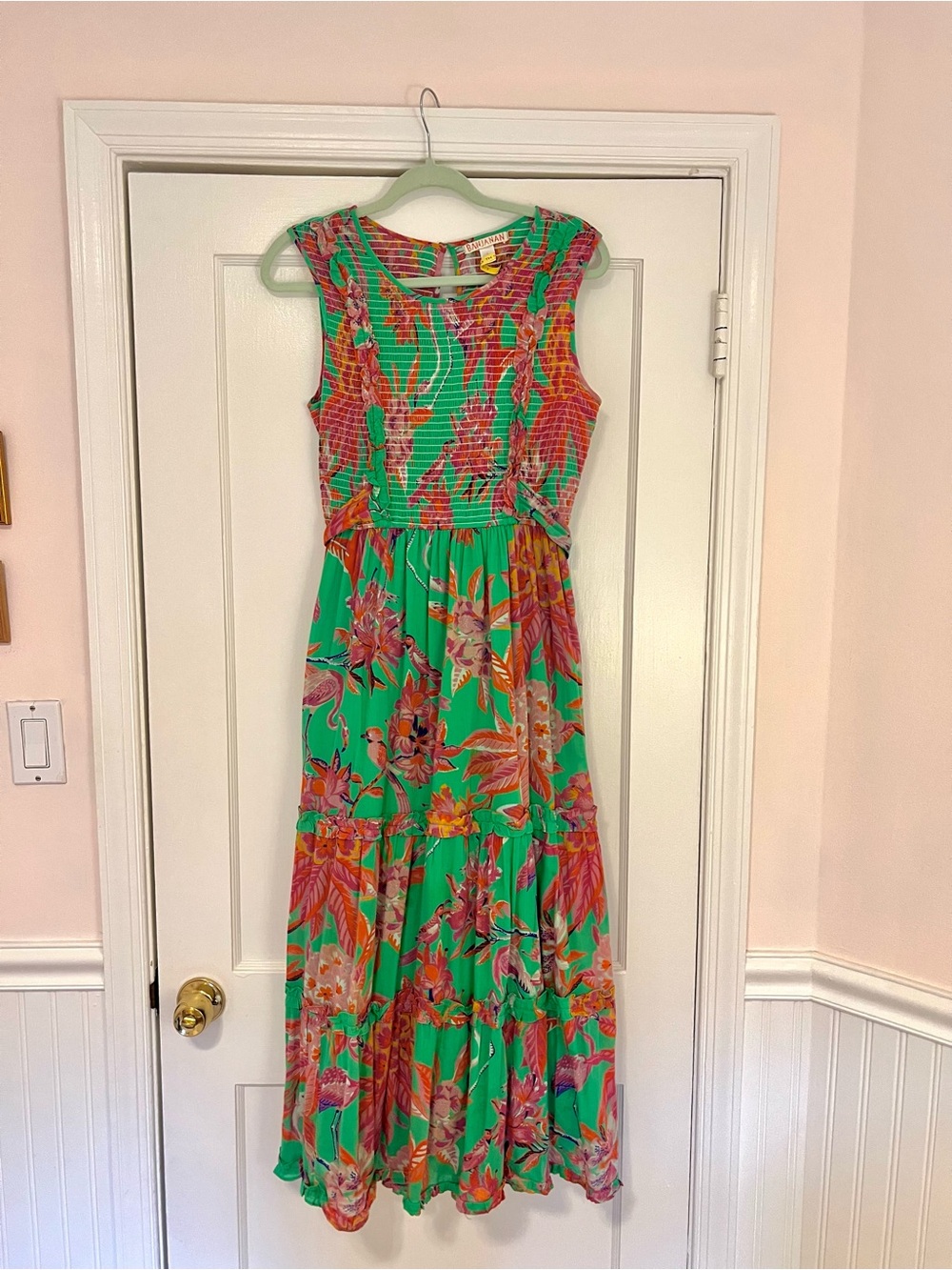 Banjanan Green Midi Dress with Pink & Orange Floral Print